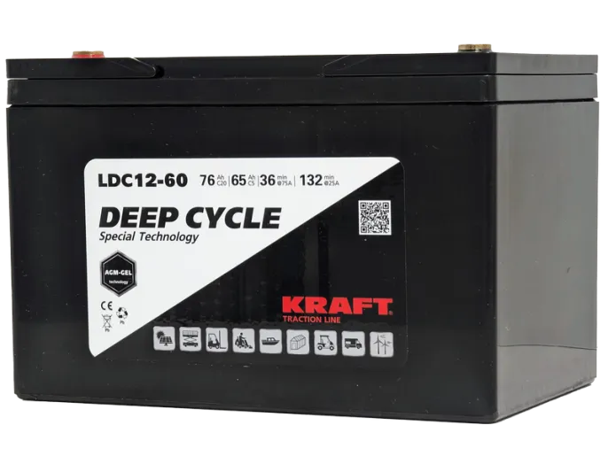 KRAFT 12V-76Ah(C20) L (тяговая) M6 (260*168*176)