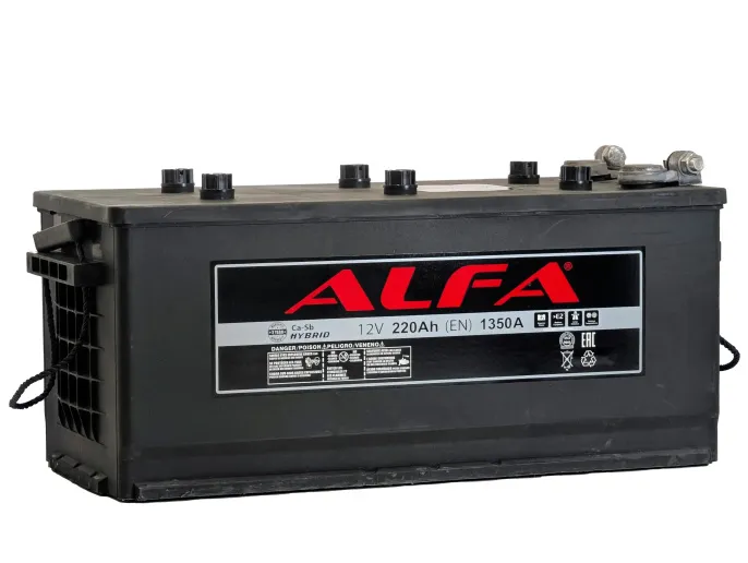 Аккумулятор ALFA 220 (4) рус -/+ (1350A, 516*223*223) клемма болт c бортом (МАЗ).