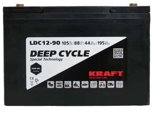KRAFT 12V-105Ah(C20) L (тяговая) M8 (306*168*208)